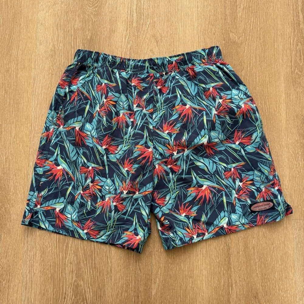 Vineyard Vines Swim Trunks Mens Medium Blue Green Tiger Lily Printed Board